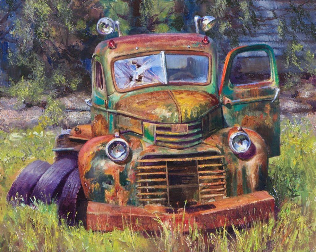 Painting entitled "return to the earth" of a rusting car in a field. Painted by Bill Suys using Michael Harding oils