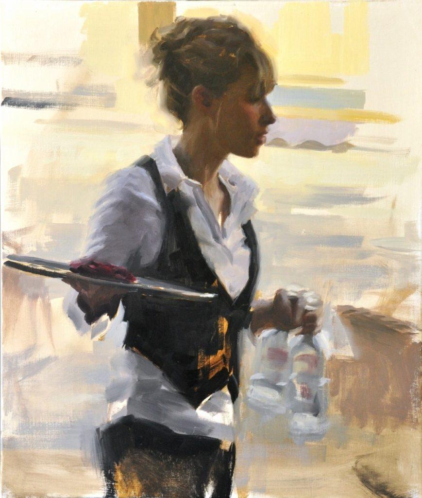 Alla prima figurative painting of a waitress in a busy restaurant entitled "La serveuse". Painted by Aldo Balding using Michael Harding oil paints.