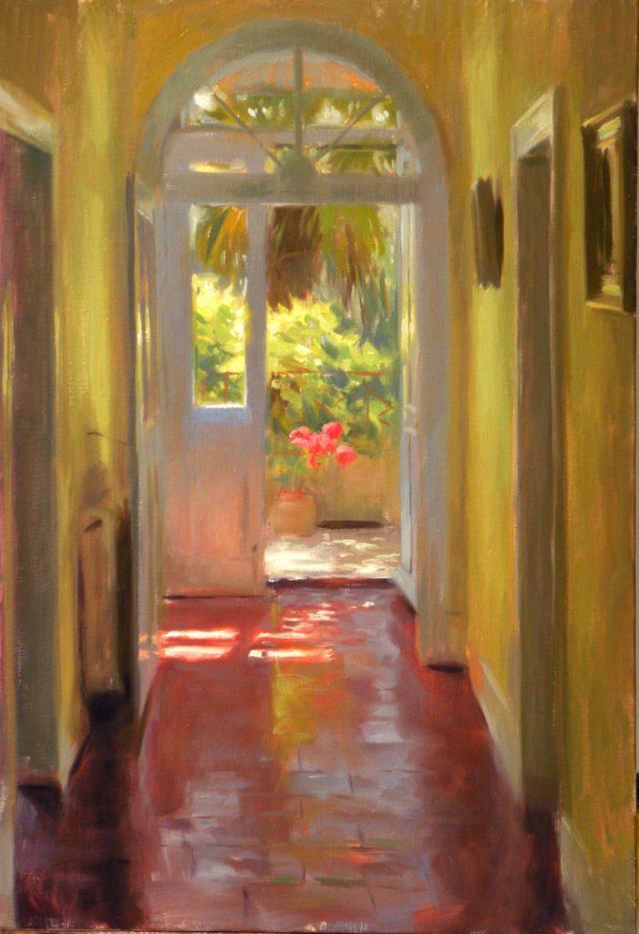 Oil painting of a doorway painted from inside by artist Aldo Balding using Michael Harding Oil Paints on linen.
